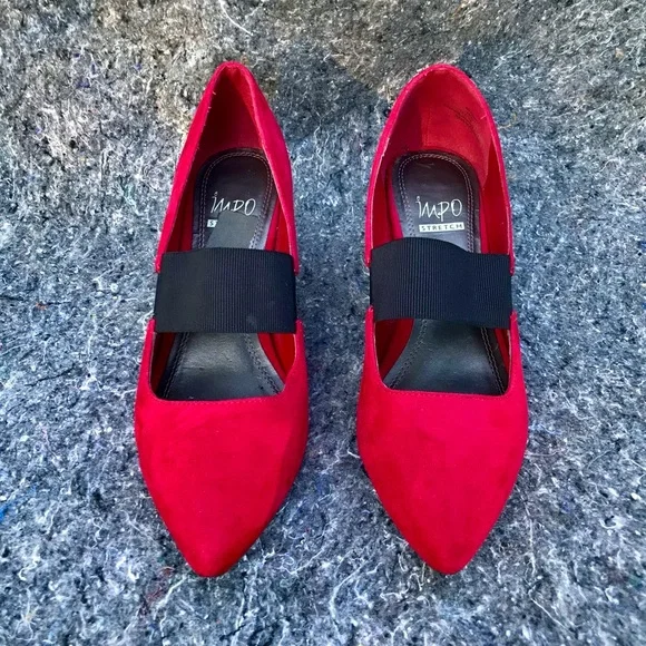 IMPO Stretch Red Suede Heels size 8 Pointed-Toe Mary Jane - Picture 2 of 14